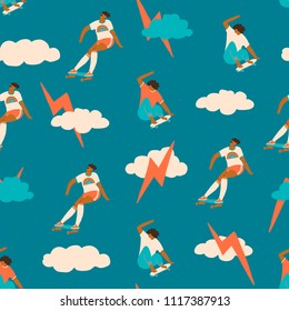 Skateboarding seamless pattern in vector. Skateboarder girl ride skateboard illustration.