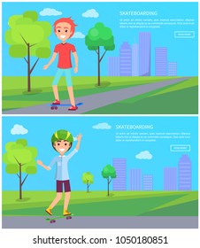Skateboarding set of posters two boys skateboarders in green city park with trees on background of skyscrapers. Redhead guy and skater in helmet vector