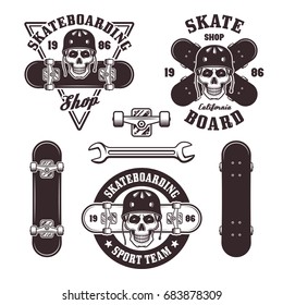 Skateboarding set of vector emblems, labels, logos and design elements in vintage monochrome style isolated on white background