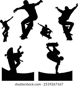 Skateboarding silhoutte vector art ollie and grind