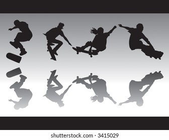 Skateboarding silhouttes doing various tricks. One is kickflipping, ollie'ing and two are grabbing.