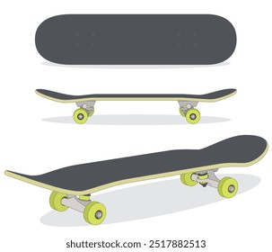 skateboarding, skateboard in 3 different views isolated on a white background