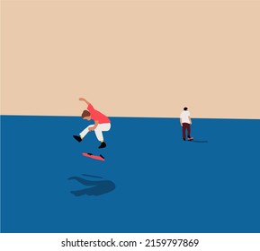 Skateboarding. Skaters friends training outdoor in city park. Extreme sport concept. Flat Vector Illustration. Teenage fun activity