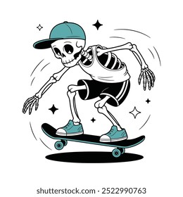 Skateboarding Skeleton Showcasing Tricks with Style and Balance Illustration