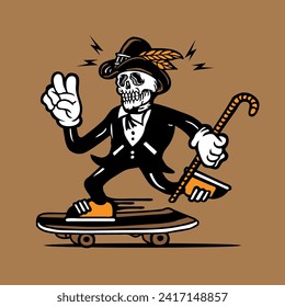 Skateboarding Skull Cowboys in Tuxedo Mascot Character Design Hand Drawing Vector