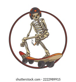 skateboarding skull illustration with circles in the background