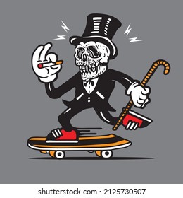 Skateboarding Skull Skeleton in Tuxedo Mascot Character Design