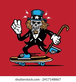 Skateboarding Skull Uncle Sam in Tuxedo Mascot Character Design Hand Drawing Vector