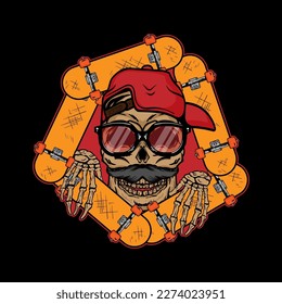 skateboarding with skull urban for emblem, sticker, apparel or t shirt vector illustration