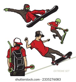 Skateboarding, snowboarding, stunt scooter vector set