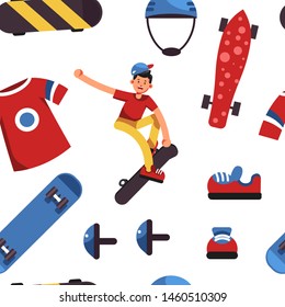 Skateboarding sport boy on skateboard skateboarder seamless pattern vector teens on board in helmet and protection riding and doing tricks endless texture outdoor activity child on skate wallpaper