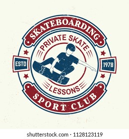 Skateboarding sport club badge. Vector illustration. For skate club emblems, signs and t-shirt design. Skateboard typography design with skateboards and helmet. Extreme sport.