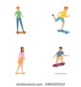 Skateboarding sport icons set cartoon vector. Guy and girl riding skateboard. Extreme sport, youth urban culture