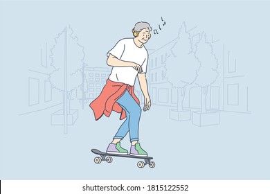 Skateboarding, sport, recreation, hobby concept. old man ensioner senior citizen cartoon character riding skateboard listening music and performing tricks. Active summer extreme lifestyle illustration