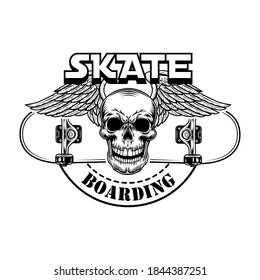 Skateboarding symbol vector illustration. Skull with angel wings, boards wheels and text. Extreme sport concept for community emblems or team badges templates