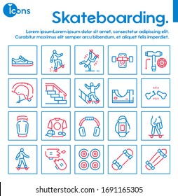 Skateboarding symbols color linear vector icon set. Outline symbol collection includes sports equipment, skateboards, skate tricks, injuries and protection, skateboarders. Competition or hobby concept