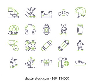 Skateboarding symbols color linear vector icon set. Outline symbol collection includes sports equipment, skateboards, skate tricks, injuries and protection, skateboarders. Competition or hobby concept