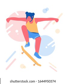 Skateboarding teenager. Young woman riding on a skateboard. Extreme sport. Vector illustration. 