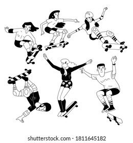 Skateboarding teenagers set. Collection of vintage black and white cartoon illustrations of male and female skaters. Isolated on white background.