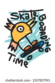 skateboarding time,cartoon bird drawing illustration vector