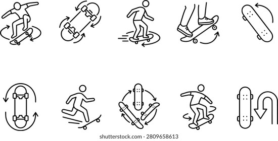 Skateboarding tricks silhouettes collection, flip spin icons, aerial jump illustration, extreme sport maneuvers design, minimalist black vector artwork