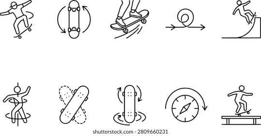 Skateboarding tricks silhouettes collection, rotation spin icons, ramp grind illustration, extreme sport maneuvers design, minimalist black vector artwork