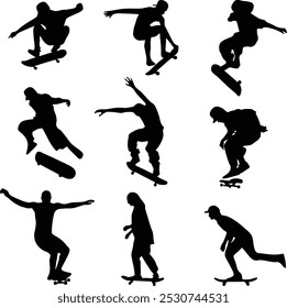 skateboarding tricks silhouettes, flat illustration