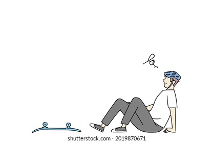 Skateboarding trouble scene, a man falling and falling on his butt.