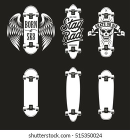 Skateboarding t-shirt design set. Quotes about skating. Born to sk8. Stay rad. Skate or die. Three types of skateboards. Vector vintage illustration.