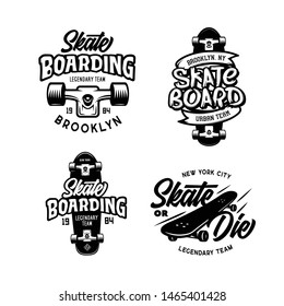 Skateboarding t-shirt design set. Urban skating. Skateboard typography set. Vector vintage illustration.