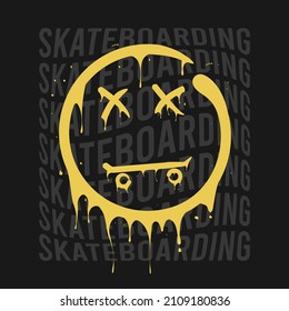 Skateboarding t-shirt design with smile that melts and dripping. Skateboard and smile print for tee shirt. Typography graphics for apparel on skate board theme. Vector illustration.