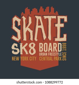 Skateboarding t-shirt graphic apparel design. Freestyle New York City Skate Board typography emblem tee stamp graphics. Vector