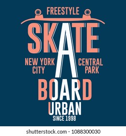 Skateboarding t-shirt graphic apparel design. Freestyle New York City Skate Board typography emblem tee stamp graphics. Vector