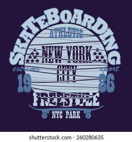 Skateboarding t-shirt graphic design. Freestyle New York City Skate Board typography emblem - vector illustration 