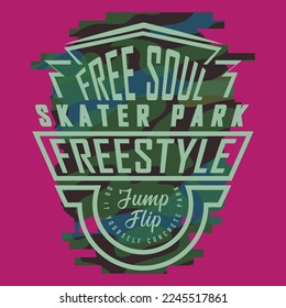 Skateboarding typography with camouflage texture.  T shirt graphics. Print. Vector