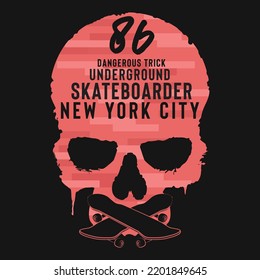 Skateboarding  typography with skull illustration . T shirt graphics. vectors