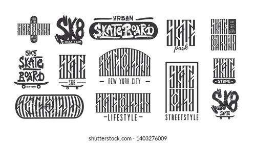 Skateboarding typography t-shirt design. Urban freestyle skating. Vector set vintage illustration. Grunge skateboard logo. Sport for print on the poster, banner, flyer, postcard or souvenirs activity 