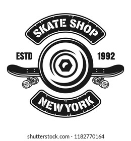 Skateboarding vector emblem with wheel and deck in vintage monochrome style isolated on white background