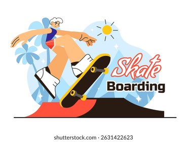 Skateboarding Vector Illustration featuring Skateboarders Jumping on a Springboard in a Skatepark, Extreme Sports Activities in a Flat Background
