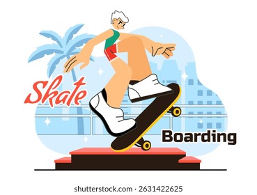 Skateboarding Vector Illustration featuring Skateboarders Jumping on a Springboard in a Skatepark, Extreme Sports Activities in a Flat Background