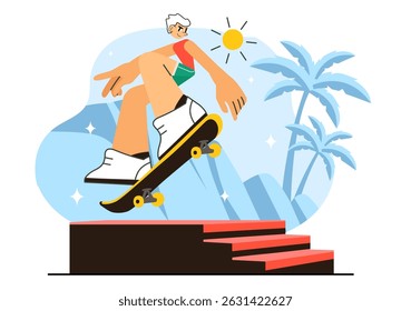 Skateboarding Vector Illustration featuring Skateboarders Jumping on a Springboard in a Skatepark, Extreme Sports Activities in a Flat Background