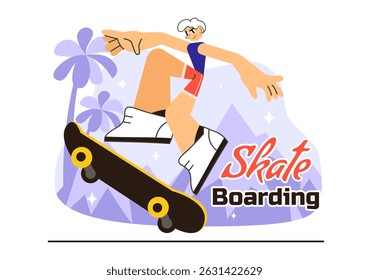 Skateboarding Vector Illustration featuring Skateboarders Jumping on a Springboard in a Skatepark, Extreme Sports Activities in a Flat Background