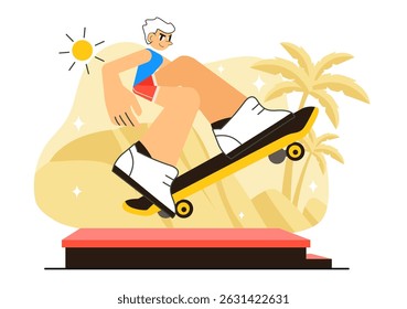 Skateboarding Vector Illustration featuring Skateboarders Jumping on a Springboard in a Skatepark, Extreme Sports Activities in a Flat Background