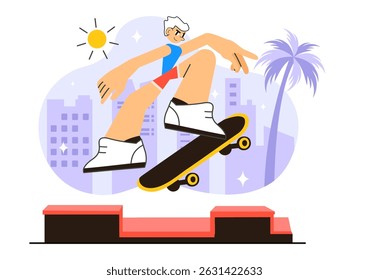 Skateboarding Vector Illustration featuring Skateboarders Jumping on a Springboard in a Skatepark, Extreme Sports Activities in a Flat Background