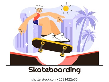 Skateboarding Vector Illustration featuring Skateboarders Jumping on a Springboard in a Skatepark, Extreme Sports Activities in a Flat Background