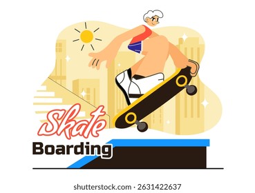 Skateboarding Vector Illustration featuring Skateboarders Jumping on a Springboard in a Skatepark, Extreme Sports Activities in a Flat Background