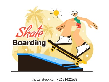 Skateboarding Vector Illustration featuring Skateboarders Jumping on a Springboard in a Skatepark, Extreme Sports Activities in a Flat Background