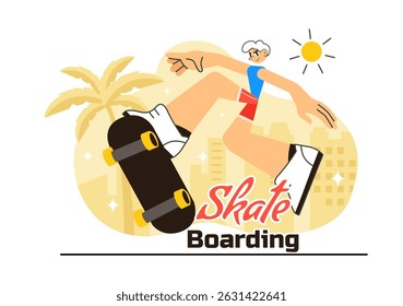 Skateboarding Vector Illustration featuring Skateboarders Jumping on a Springboard in a Skatepark, Extreme Sports Activities in a Flat Background