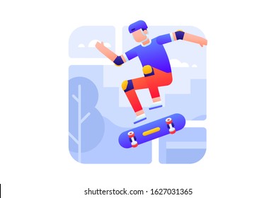 Skateboarding vector illustration. A skateboarder is doing a trick with his skateboard in tournament.