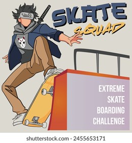 Skateboarding vector illustration with slogan. Anime skateboarding.